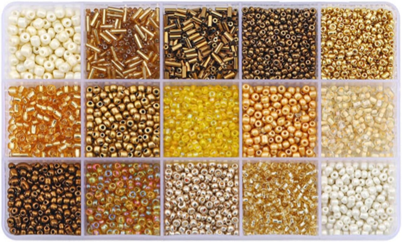 Mix 15 Color Glass Seed Beads Tube Beads Glass Bugle Beads Loose Kit for Jewelry Making DIY Craft Beading (Mix 15 Color, Gold)